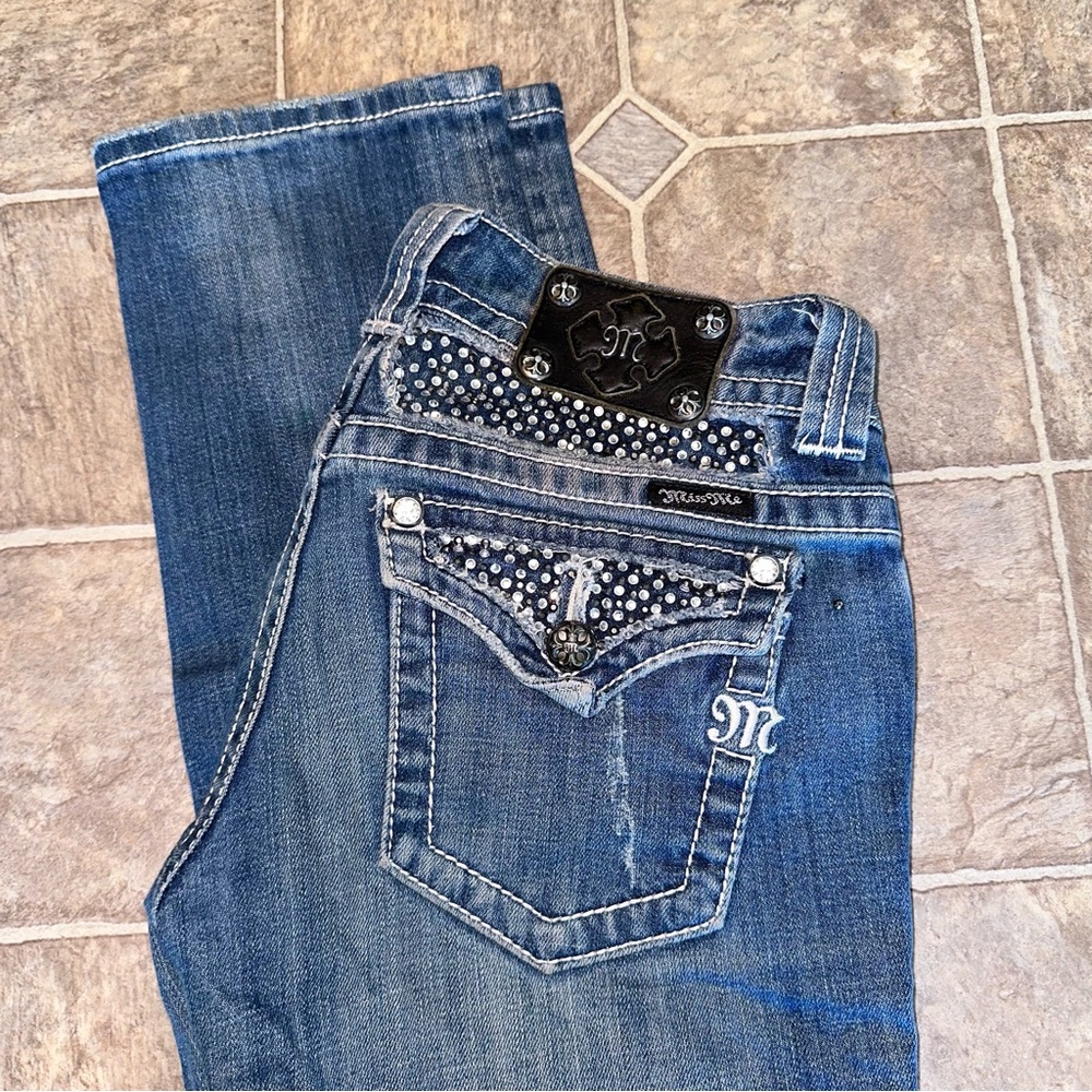 Miss Me Distressed Straight Jean Buckle Exclusive Rhinestone Button Flap Pockets